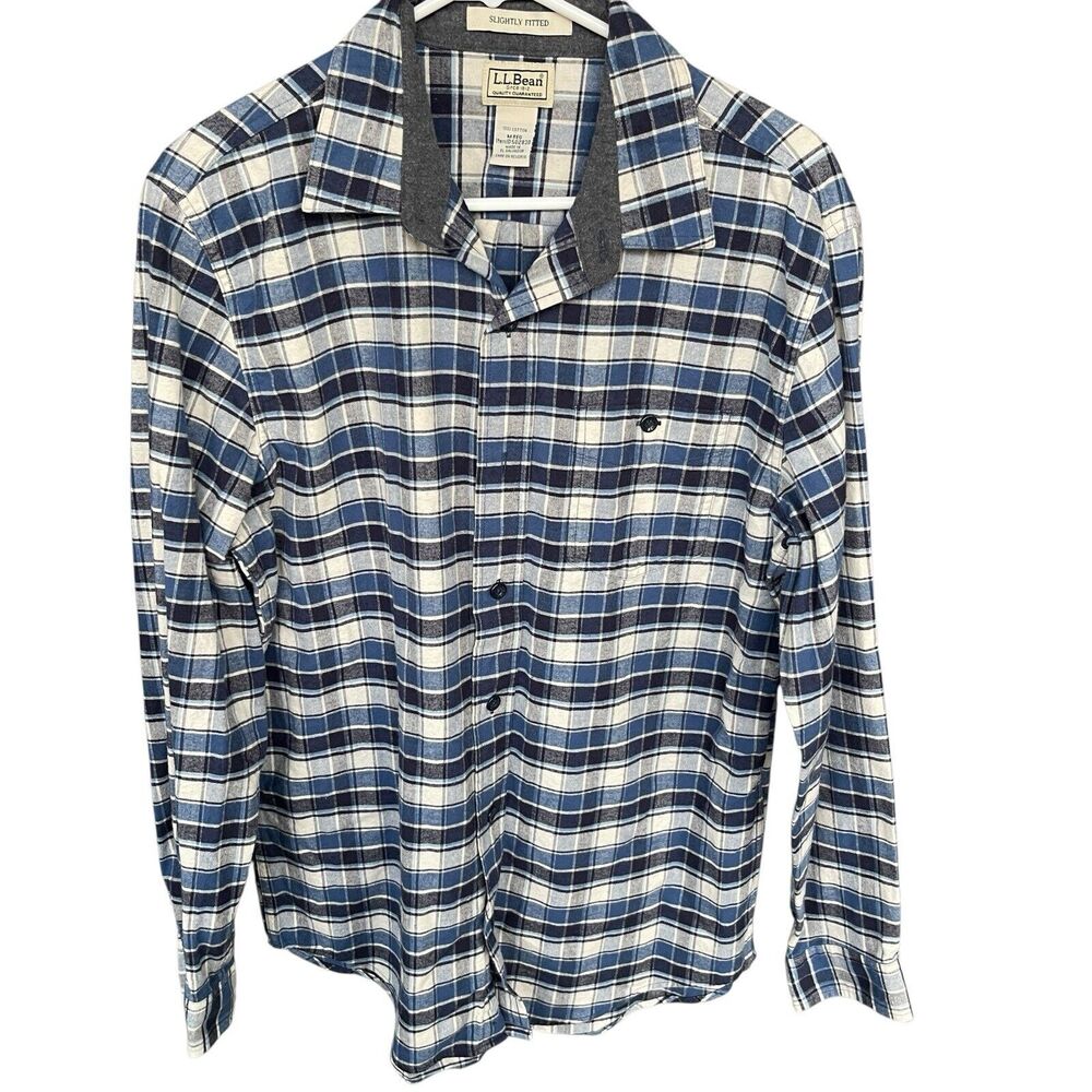 LL Bean Flannel Shirt Mens Medium Plaid Slightly Fitted Cotton Outdoor Button Up